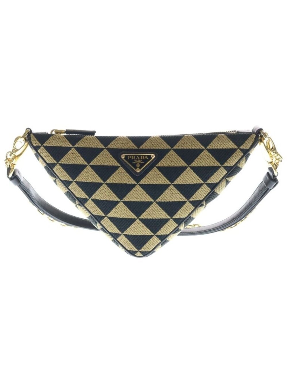 Prada Canvas Leather 2-Way Hand Chain Shoulder Bag Gold Black Beige